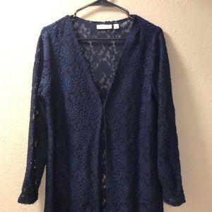 - Susan Graver Stretch Lace Long Sleeved Open Front Long Cardigan in size S